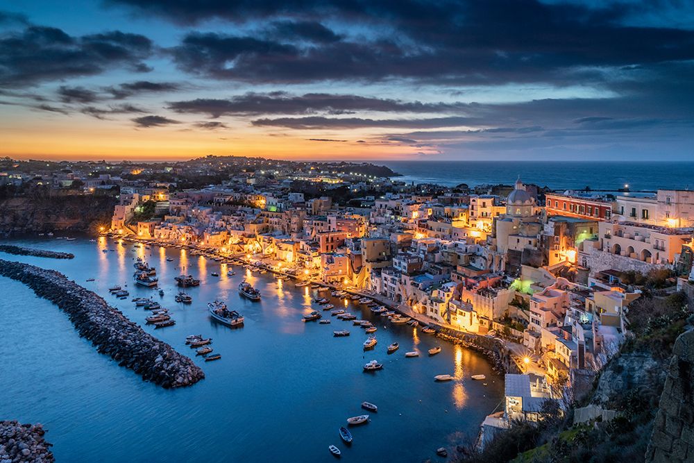 Europe-Italy-Procida-Overview of city and Marina Corricella at sunset art print by Jaynes Gallery for $57.95 CAD