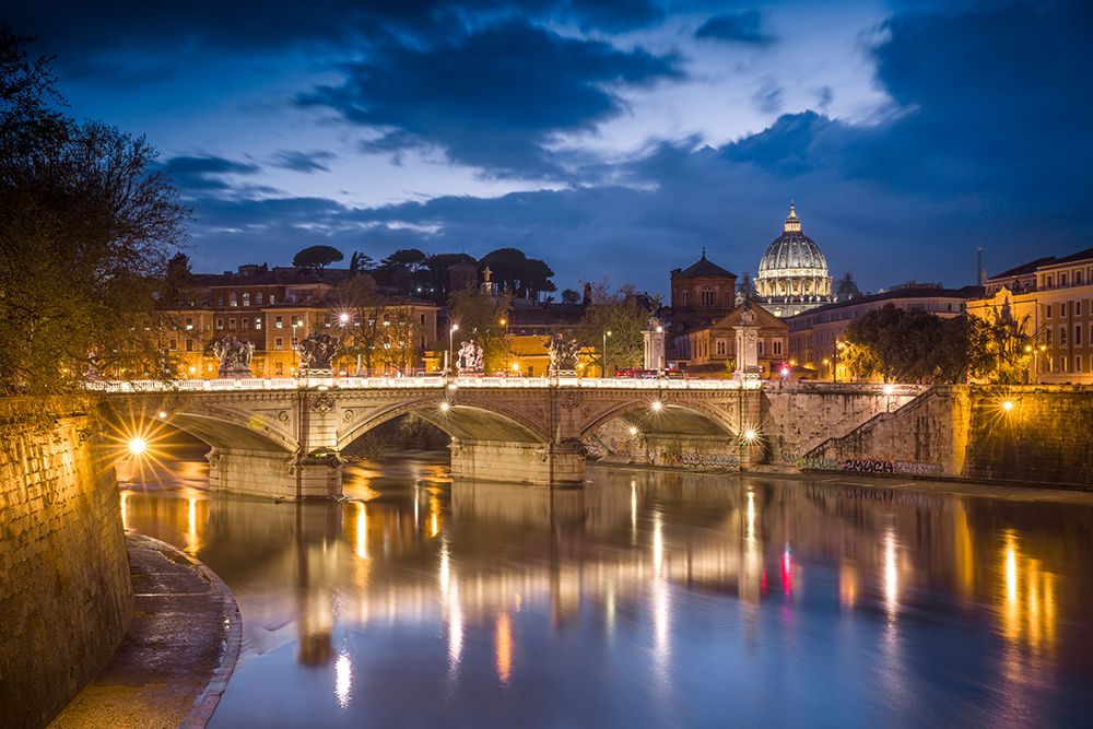 Europe-Italy-Rome-Dome of Sistine Chapel with Tiber River and bridge lit at sunset art print by Jaynes Gallery for $57.95 CAD