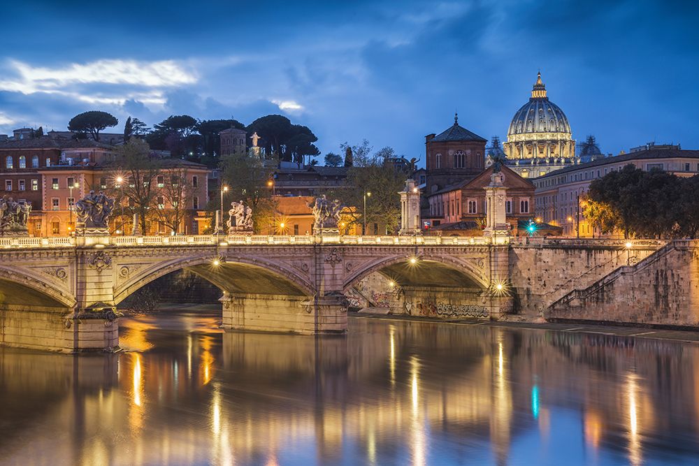 Europe-Italy-Rome-Dome of Sistine Chapel with Tiber River and bridge lit at sunset art print by Jaynes Gallery for $57.95 CAD
