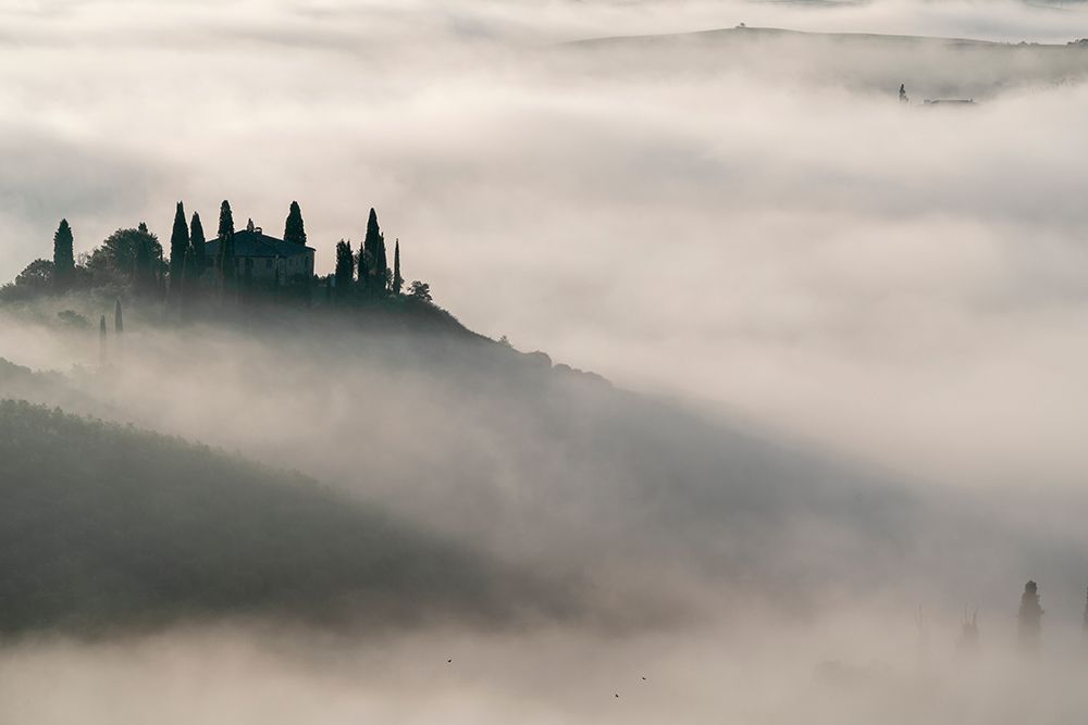 Europe-Italy-Tuscany-Val dOrcia-Belvedere farmhouse at sunrise with fog art print by Jaynes Gallery for $57.95 CAD