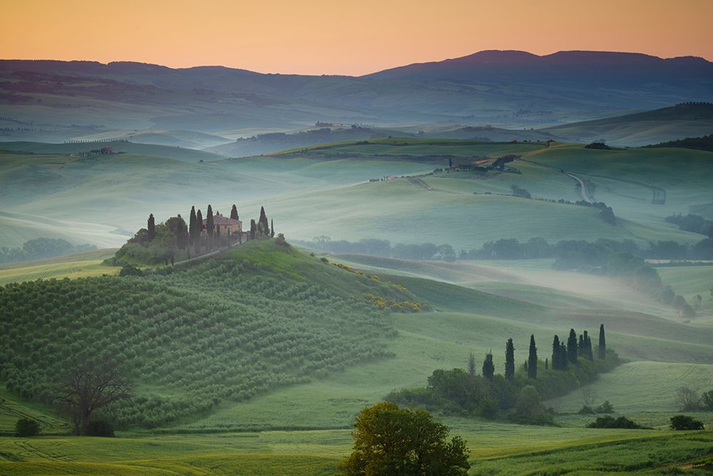 Europe-Italy-Tuscany-Val d Orcia-Belvedere farmhouse at sunrise art print by Jaynes Gallery for $57.95 CAD