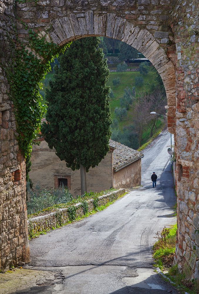 Europe-Italy-Tuscany-Val d Orcia-Lone person walking on rural road art print by Jaynes Gallery for $57.95 CAD