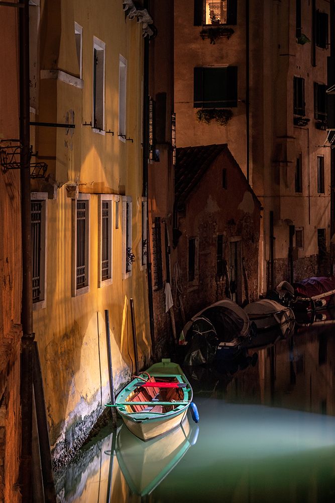 Europe-Italy-Venice-Wooden boat and reflections on still canal at night art print by Jaynes Gallery for $57.95 CAD