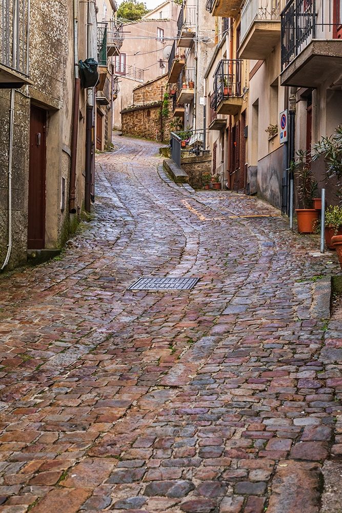 Palermo Province-Geraci Siculo Winding narrow cobblestone street in the town of Geraci Siculo art print by Emily Wilson for $57.95 CAD