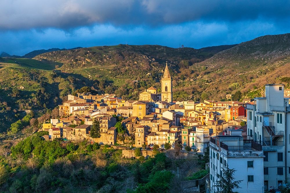 Messina Province-Novara di Sicilia The medieval hill town of Novara di Sicilia at sunset art print by Emily Wilson for $57.95 CAD