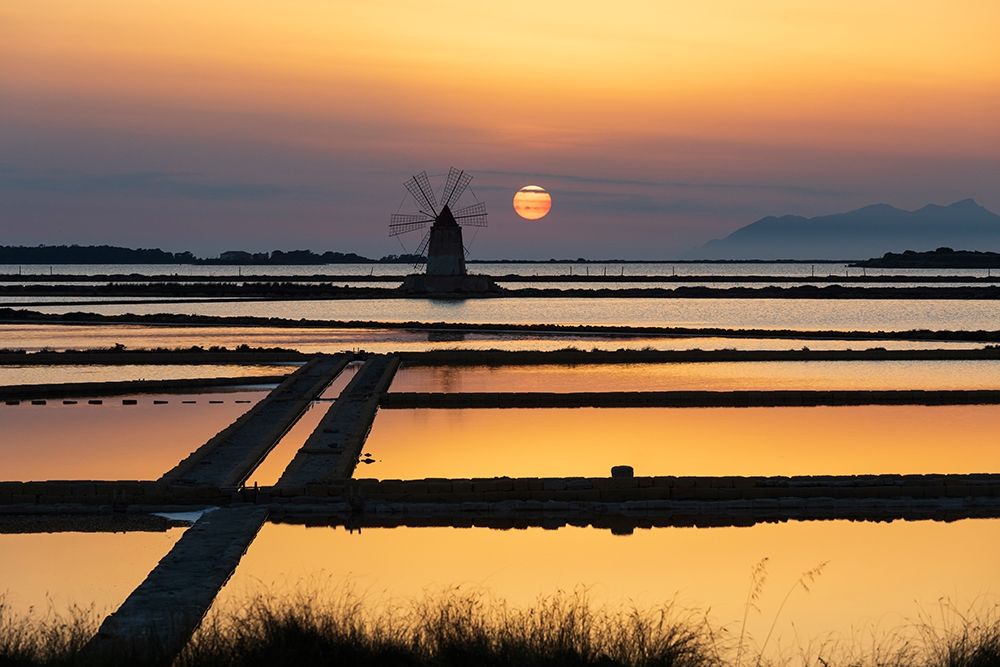 Trapani Province-Marsala Wind mills at the salt evaporation ponds in the Stagnone Nature Reserve art print by Emily Wilson for $57.95 CAD