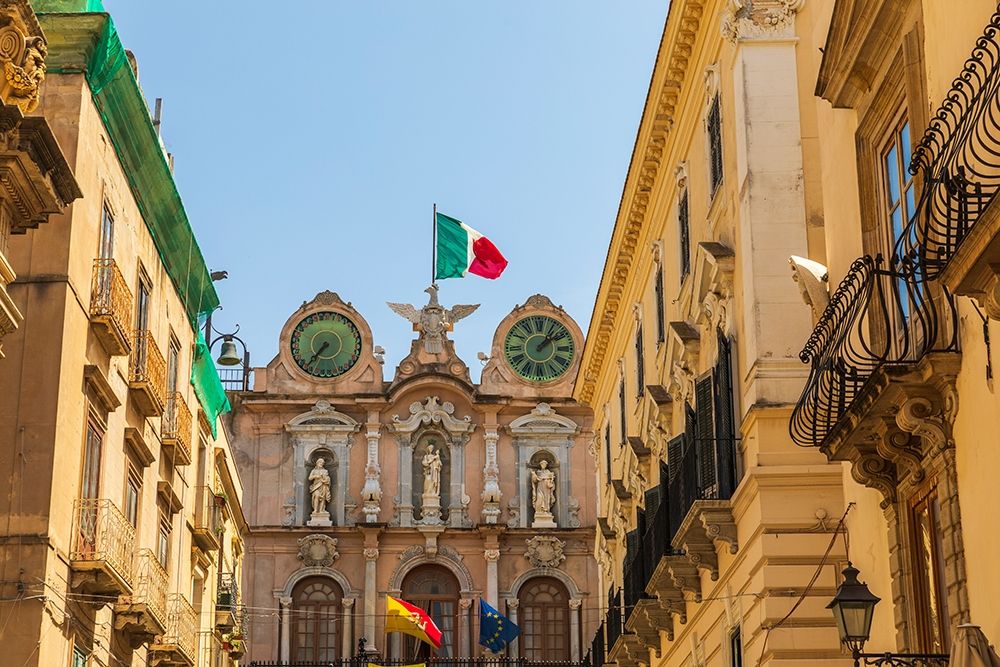 Trapani Province-Trapani Clock tower with the Italian flag in the city center of Trapani art print by Emily Wilson for $57.95 CAD