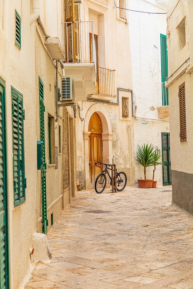 Italy-Apulia-Metropolitan City of Bari-Monopoli Narrow street between buildings-with a bicycle art print by Emily Wilson for $57.95 CAD