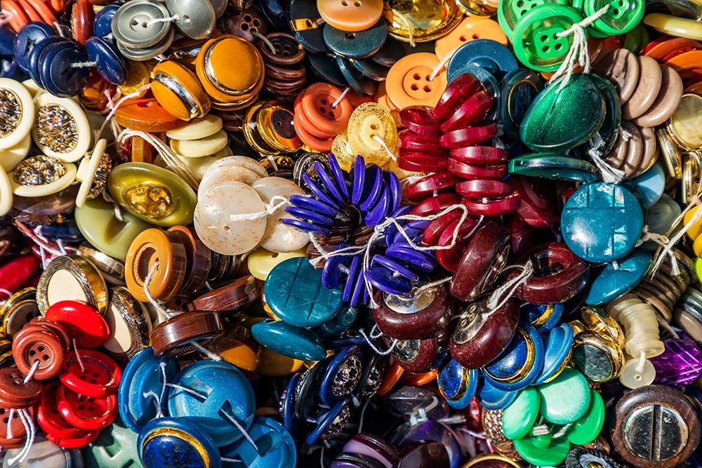 Italy-Apulia-Metropolitan City of Bari-Locorotondo Buttons for sale in an outdoor market art print by Emily Wilson for $57.95 CAD
