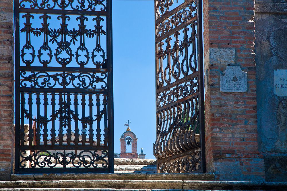 Italy-Tuscany-Montepulciano The wrought iron gate leading to cemetery near Church of San Biaggio art print by Julie Eggers for $57.95 CAD