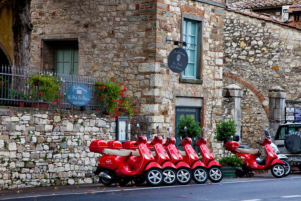 Italy-Radda in Chianti Vespa scooters for rent in the town of Radda in Chianti art print by Julie Eggers for $57.95 CAD