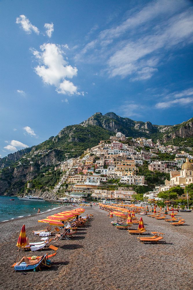Italy-Positano Beautiful Beach of the Town of Positano with sunbathers art print by Julie Eggers for $57.95 CAD