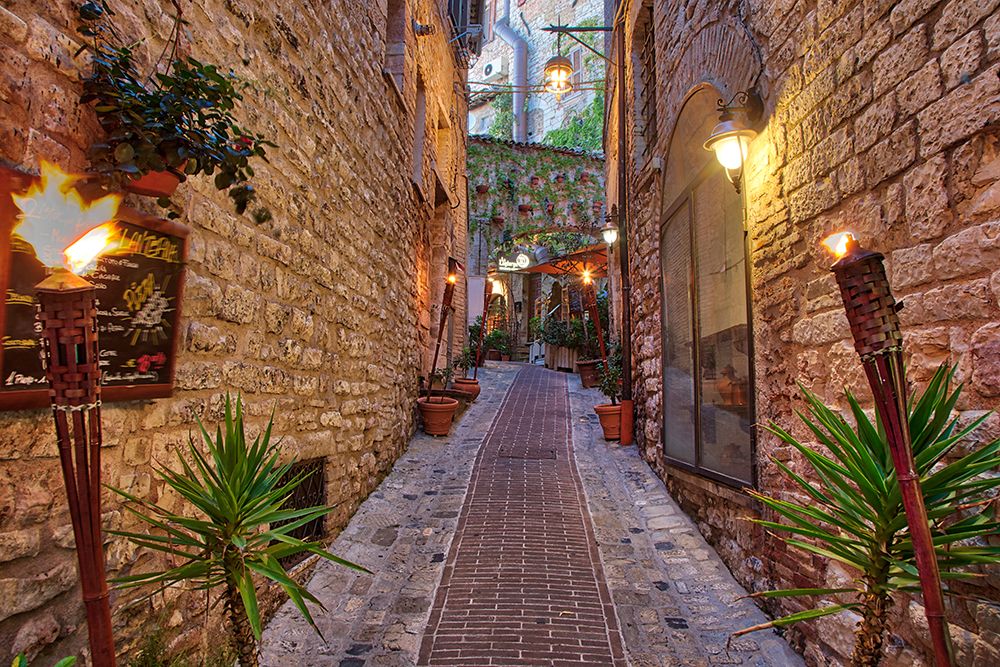Italy- Umbria. Street lined with flower pots in the town of Assisi. art print by Julie Eggers for $57.95 CAD