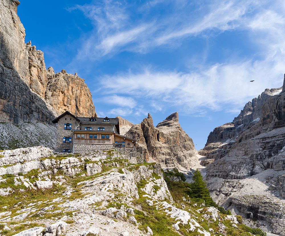 Mountain hut Rifugio Tuckett e Sella-The Brenta Dolomites-UNESCO World Heritage Site-Italy-Trentino art print by Martin Zwick for $57.95 CAD