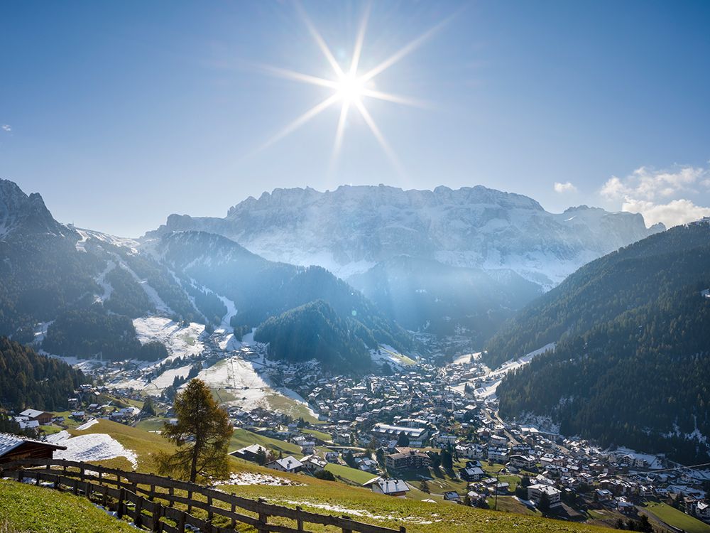 Sella mountain range and village Wolkenstein-Selva in the dolomites of South Tyrol-Alto Adige seen art print by Martin Zwick for $57.95 CAD