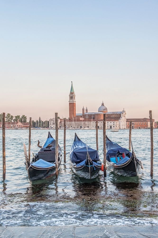 Italy-Venice Gondolas on the waterfront with San Giorgio Maggiore Church in the background art print by Rob Tilley for $57.95 CAD