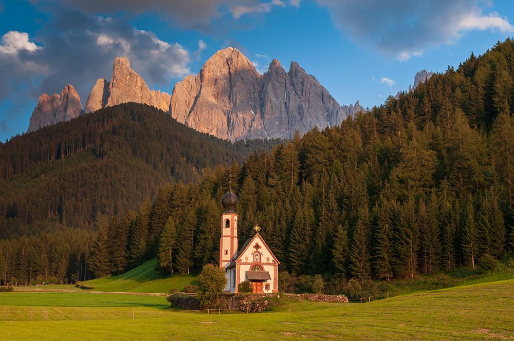 A view of Odle Group mountain and Saint Johann Church Funes-Trentino Alto Adige-Italy art print by Sergio Pitamitz for $57.95 CAD