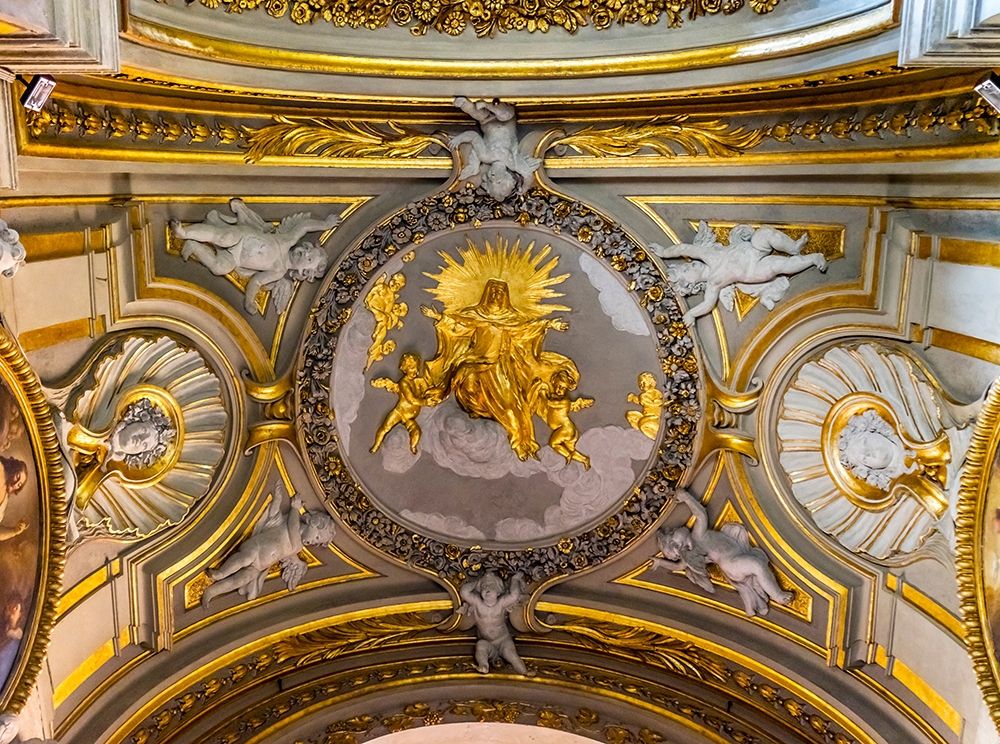 Golden Virgin Mary Angels Statues Ceiling Basilica Santa Maria in Traspontina Church-Rome art print by William Perry for $57.95 CAD