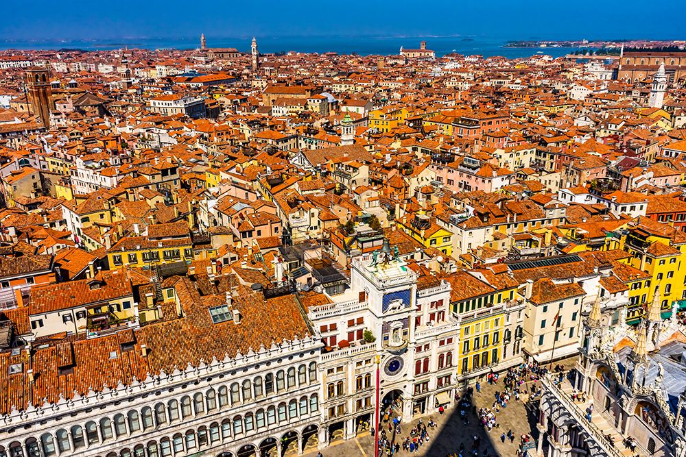 Saint Marks Square orange roofs and neighborhoods-houses and churches in Venice-Italy art print by William Perry for $57.95 CAD