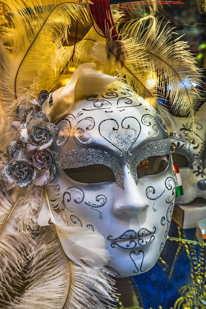 White Venetian mask feathers-Venice-Italy-Used since 1200s for Carnival-Also used for Mardi Gras art print by William Perry for $57.95 CAD