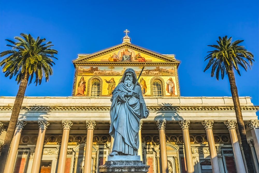 Saint Paul statue facade, Papal Basilica of Saint Paul, Rome, Italy. art print by William Perry for $57.95 CAD