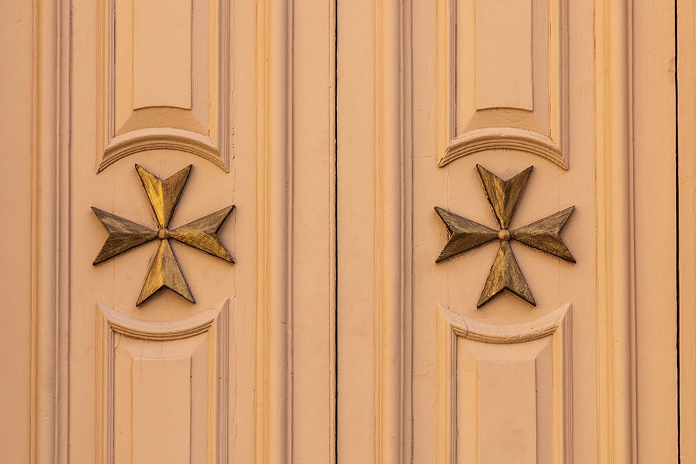 Malta, Birgu. Collegiate Parish Church of Saint Lawrence. Exterior. Door detail with Maltese Cross. art print by Emily M. Wilson for $57.95 CAD
