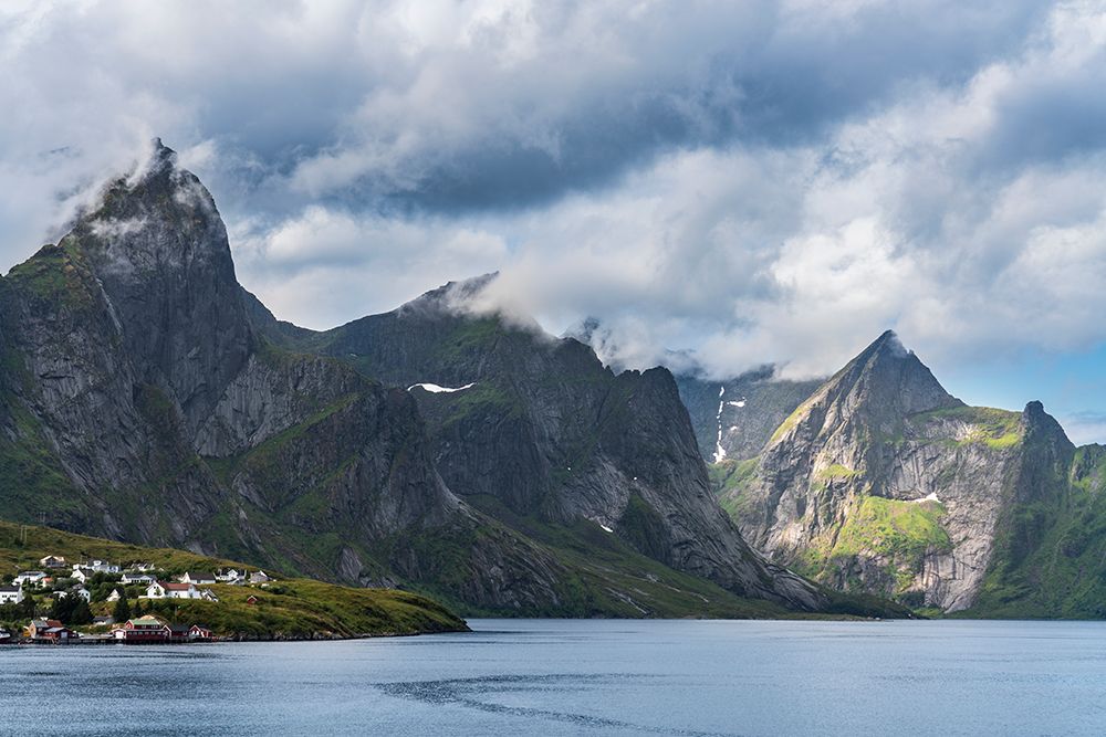 Norway, Hamnoy. Fishing village houses and mountains. art print by Jaynes Gallery for $57.95 CAD