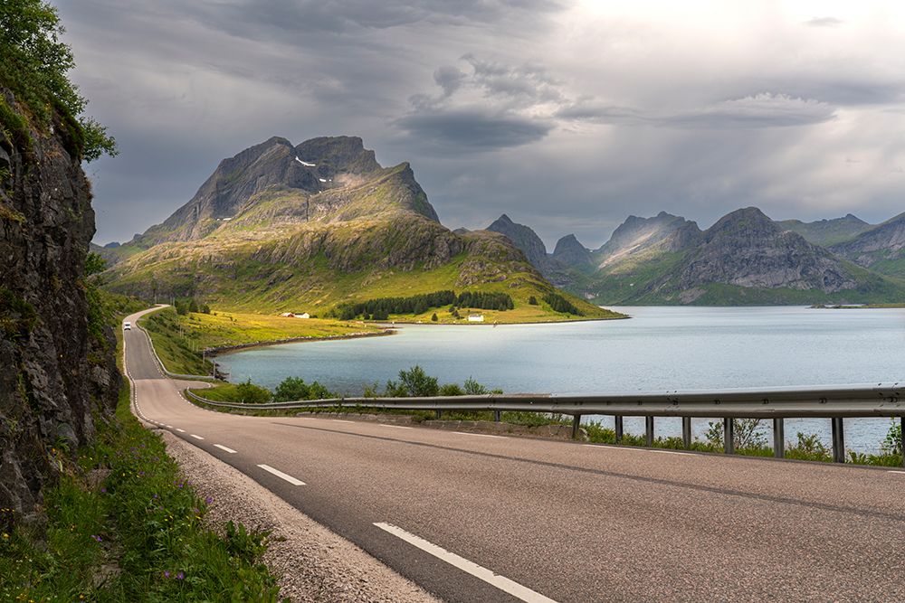 Norway, Lofoten. Road next to fjord and mountain landscape. art print by Jaynes Gallery for $57.95 CAD
