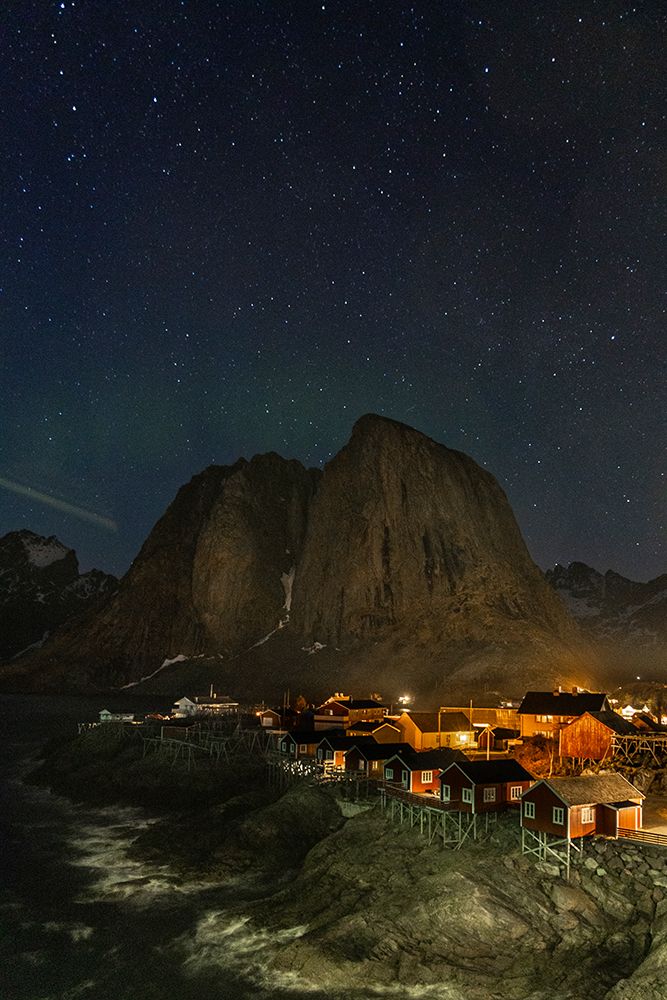 Norway- Lofoten Islands. Aurora Borealis In the sky above Hamnoy in Reine art print by Hollice Looney for $57.95 CAD
