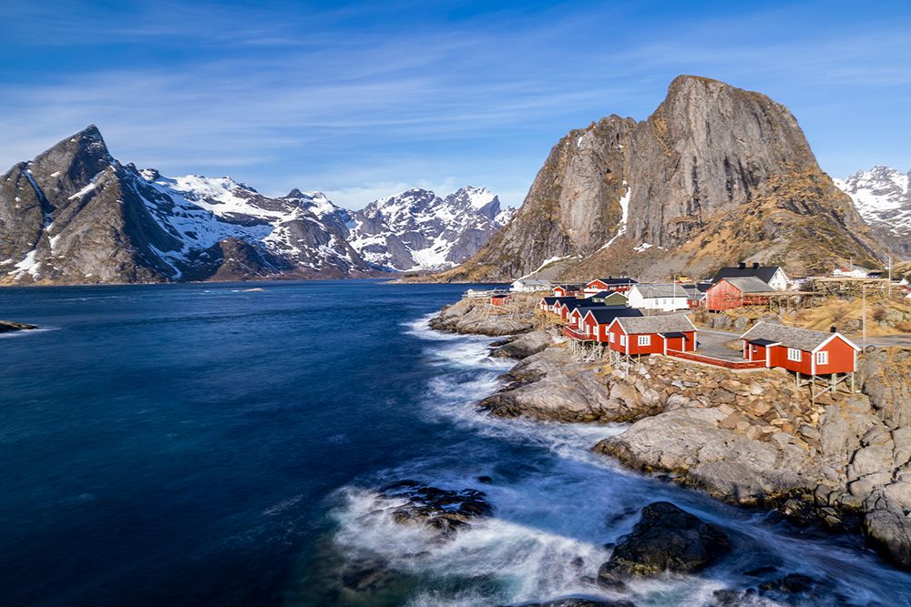 Norway- Lofoten Islands. Hamnoy (Reine)- Red Rorbuer (fishermens cottages) art print by Hollice Looney for $57.95 CAD