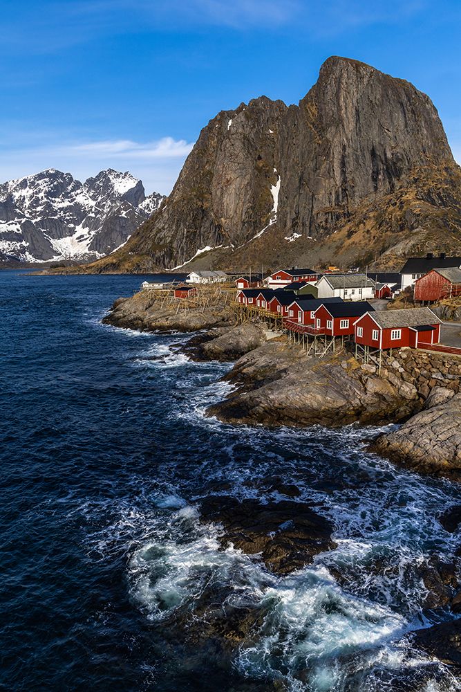 Norway- Lofoten Islands. Hamnoy (Reine)- Red Rorbuer (fishermens cottages) art print by Hollice Looney for $57.95 CAD