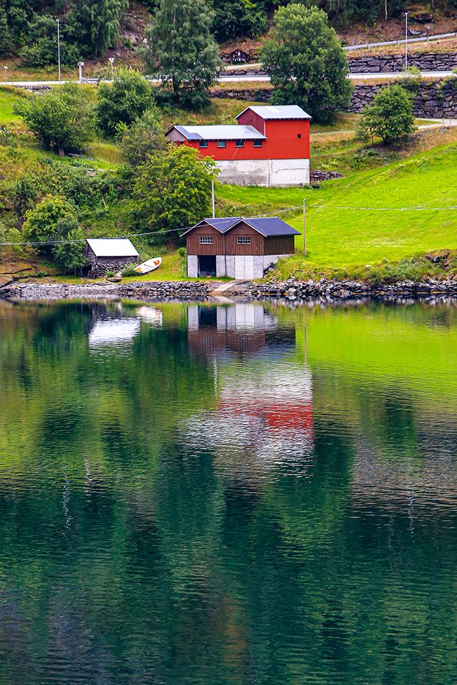 Norway, Norwegian Fjords. European village, red and brown barns. art print by Jolly Sienda for $57.95 CAD