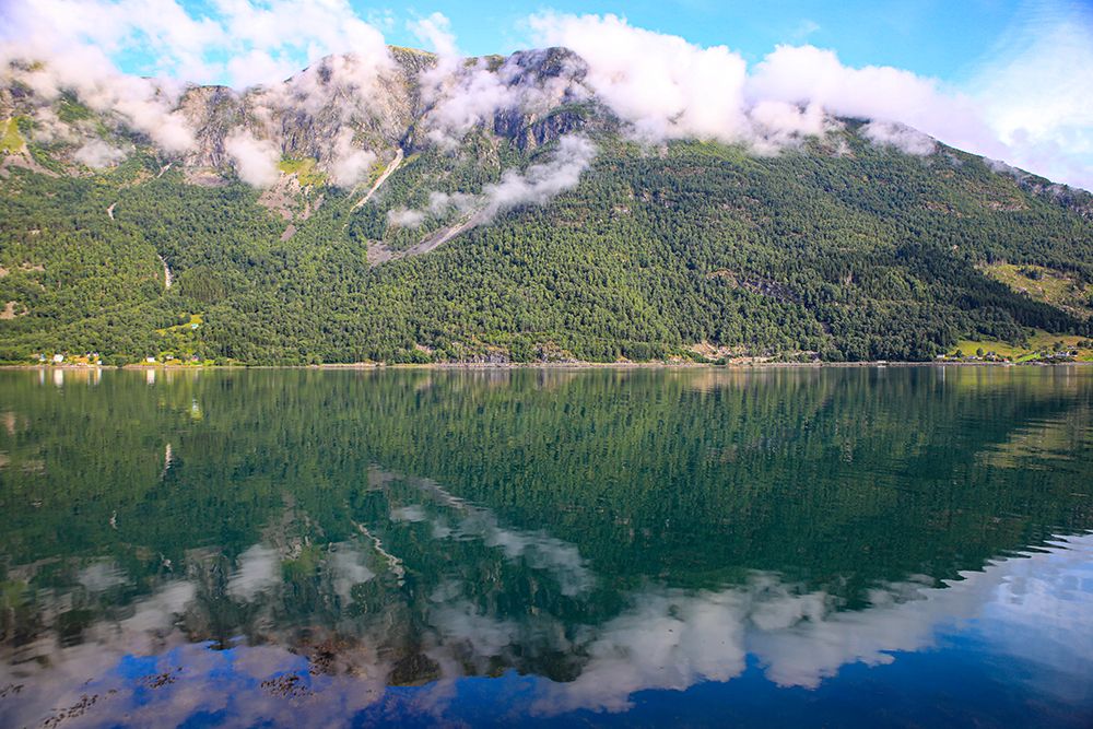 Skjolden Norway. Norwegian Fjords, fog, water reflection, fog, blue sky art print by Jolly Sienda for $57.95 CAD