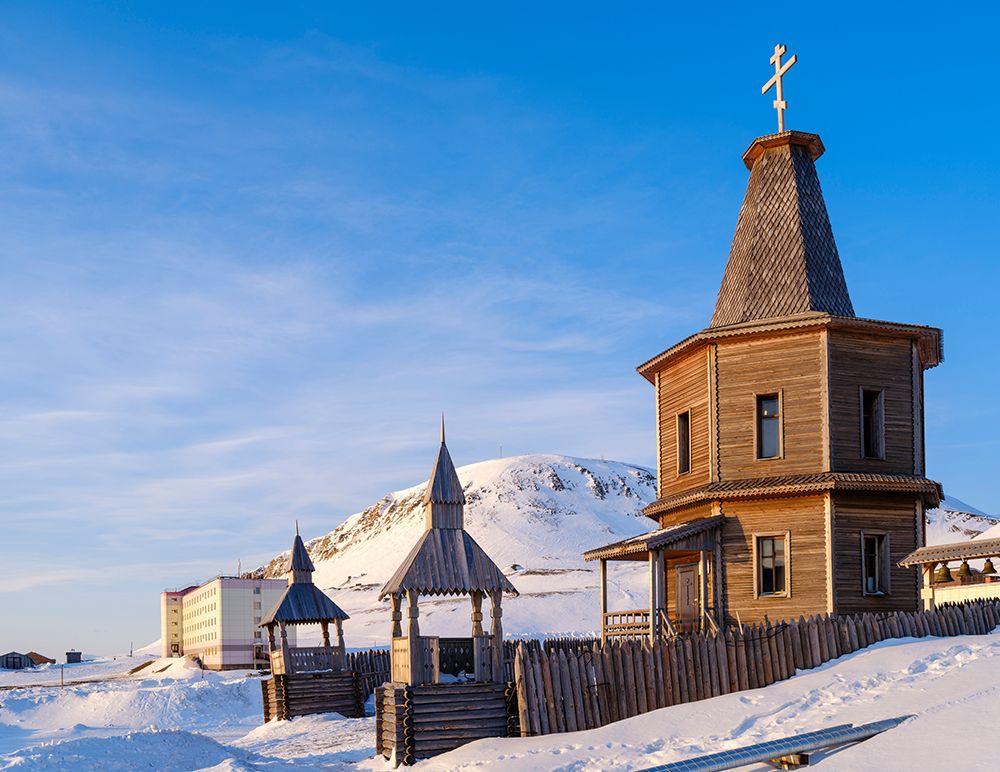 The Russian orthodox church Russian coal mining town Barentsburg at fjord Gronfjorden Norway art print by Martin Zwick for $57.95 CAD