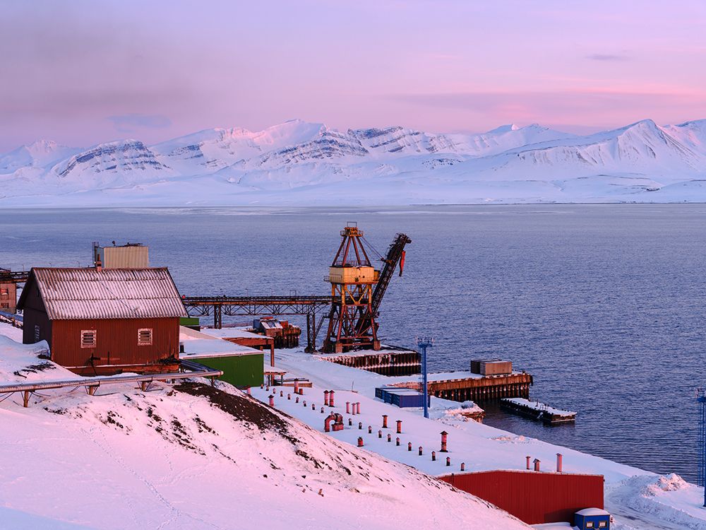 Harbor area Russian coal mining town Barentsburg at fjord Gronfjorden Norway art print by Martin Zwick for $57.95 CAD