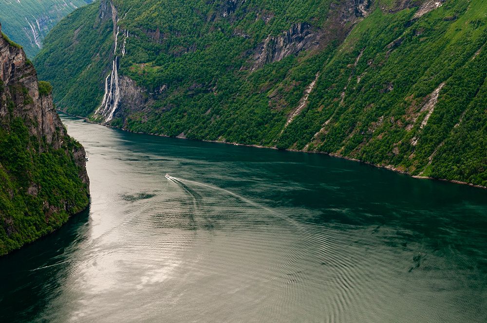 Boat wake ripples Geirangerfjord-Seven Sisters waterfall in the distance Geirangerfjord-Norway art print by Sergio Pitamitz for $57.95 CAD