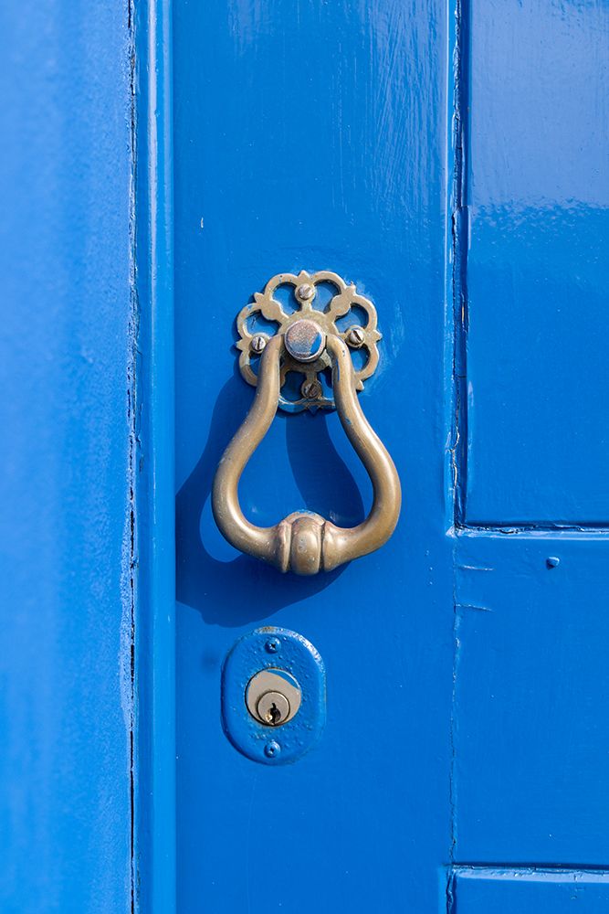 Angra do Heroismo, Terceira Island, Azores, Portugal. Brass knocker on a blue painted door. art print by Emily M. Wilson for $57.95 CAD