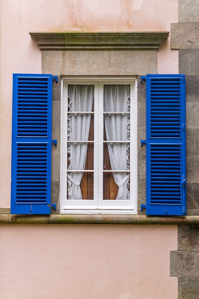 Furnas, Sao Miguel, Azores, Portugal. Blue shuttered window on a pink stucco building. art print by Emily M. Wilson for $57.95 CAD
