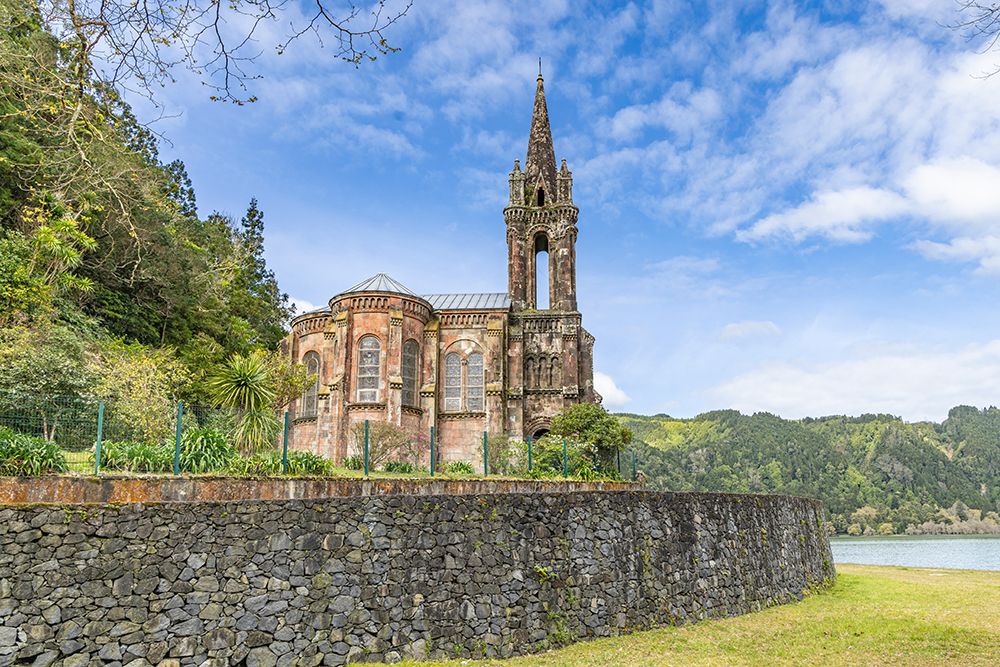 Lake Furnas, Sao Miguel, Azores, Portugal. Chapel of Our Lady of Victories on Sao Miguel Island. art print by Emily M. Wilson for $57.95 CAD
