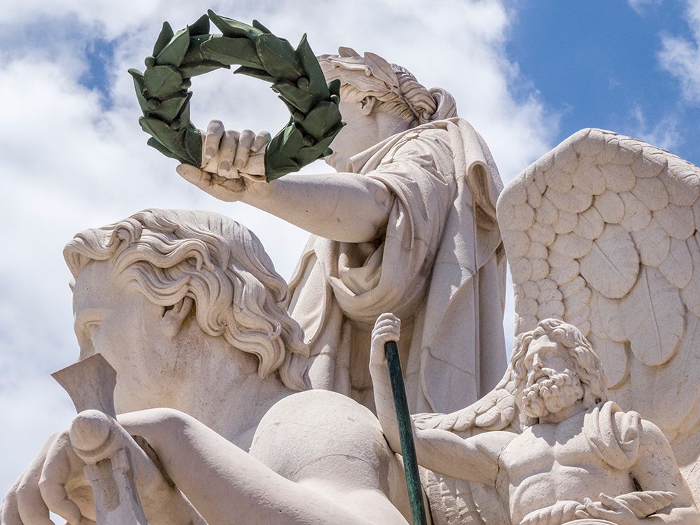 Portugal-Lisbon-Close-up of sculptures at the top of 18th century Arco da Rua Augusta-Statue of Glo art print by Julie Eggers for $57.95 CAD