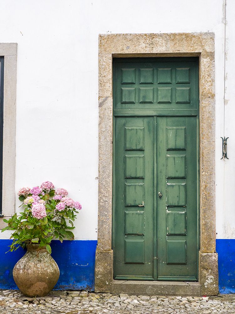 Portugal-Obidos-Pink hydrangea in terracotta pot next to a green door art print by Julie Eggers for $57.95 CAD