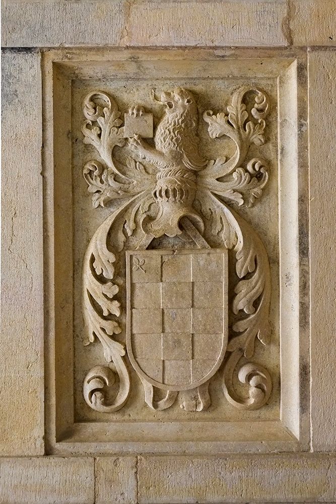 Tomar, Portugal. Tomar castle, home to the Convento de Christo. Regal stone carved shield. art print by Julien McRoberts for $57.95 CAD