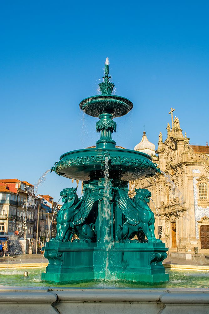 Lions Fountain (Fonte dos Leoes) and the Church of Our Lady of Carmo, Porto, Portugal. art print by Michael DeFreitas for $57.95 CAD