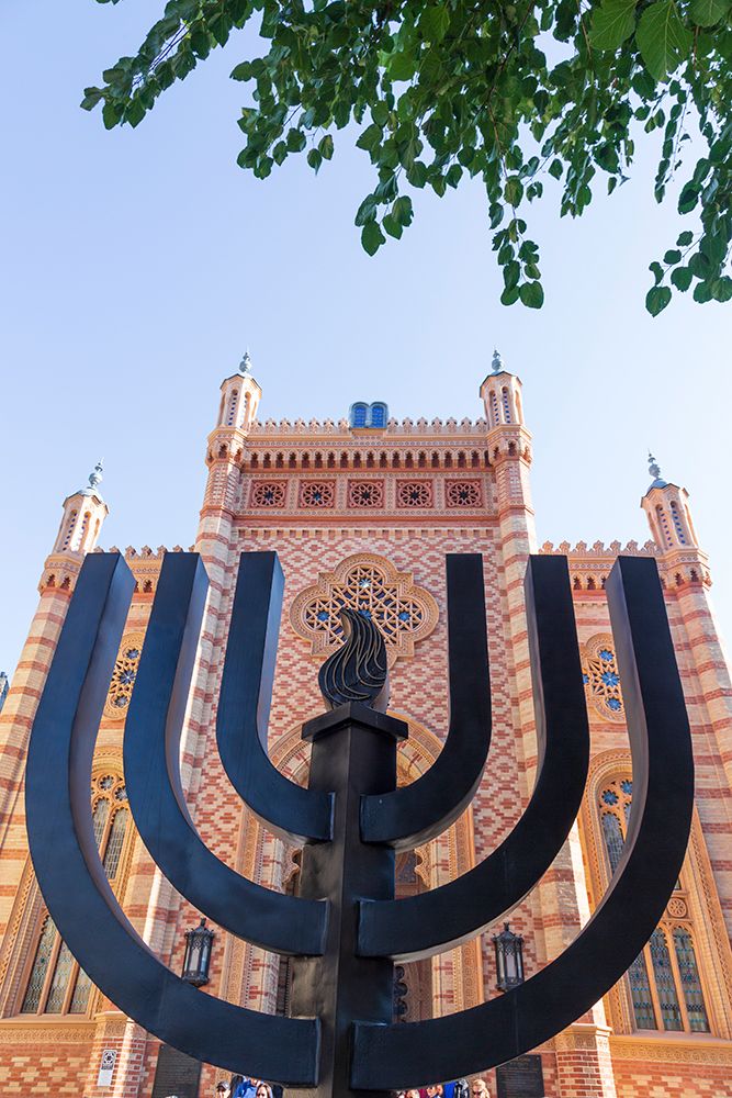 Romania-Bucharest-Choral Temple Synagogue Menorah sculpture in front art print by Emily M. Wilson for $57.95 CAD