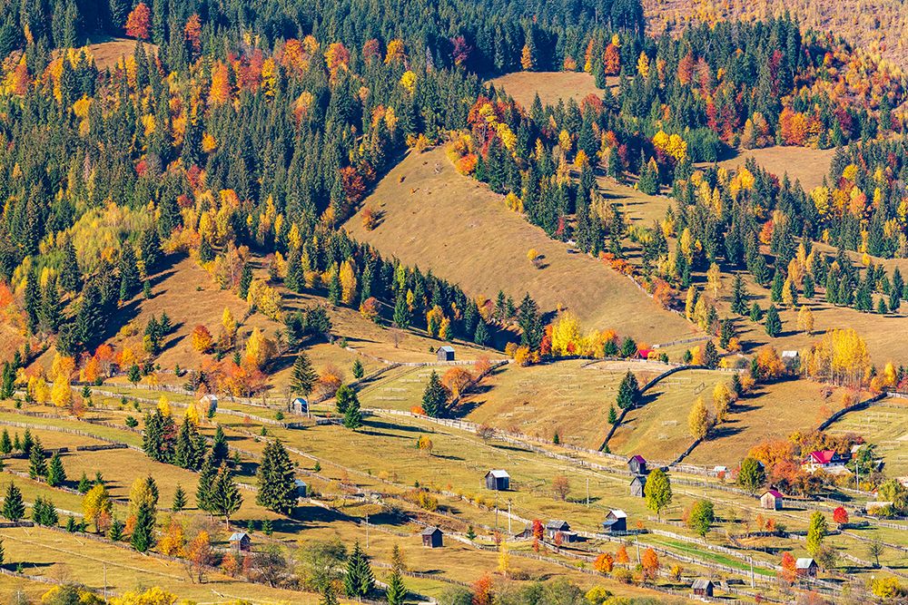 Romania-Prahova County-Bucegi mountains-Busteni Rural views of wood structures and buildings art print by Emily M. Wilson for $57.95 CAD