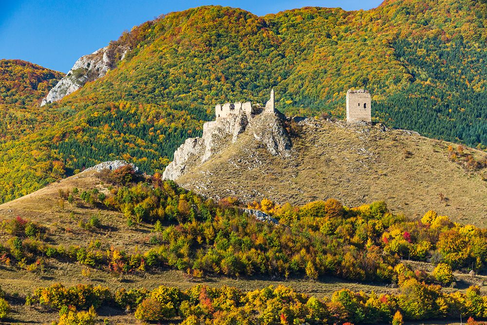 Romania, Transylvania. Coltesti Castle 11th century ruins. Territorial Trascau Mountain views. art print by Emily M. Wilson for $57.95 CAD