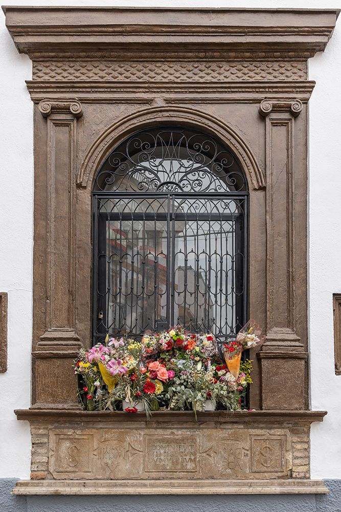 Andujar, Andalusia, Spain. Cut flowers decorating a barred window on an old Spanish building. art print by Emily M. Wilson for $57.95 CAD