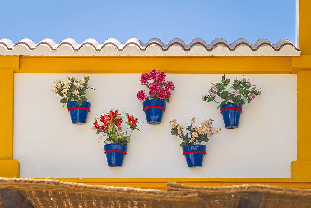 Jerez de la Frontera, Cadiz, Andalusia, Spain. Potted flowers hanging from a Spanish building. art print by Emily M. Wilson for $57.95 CAD