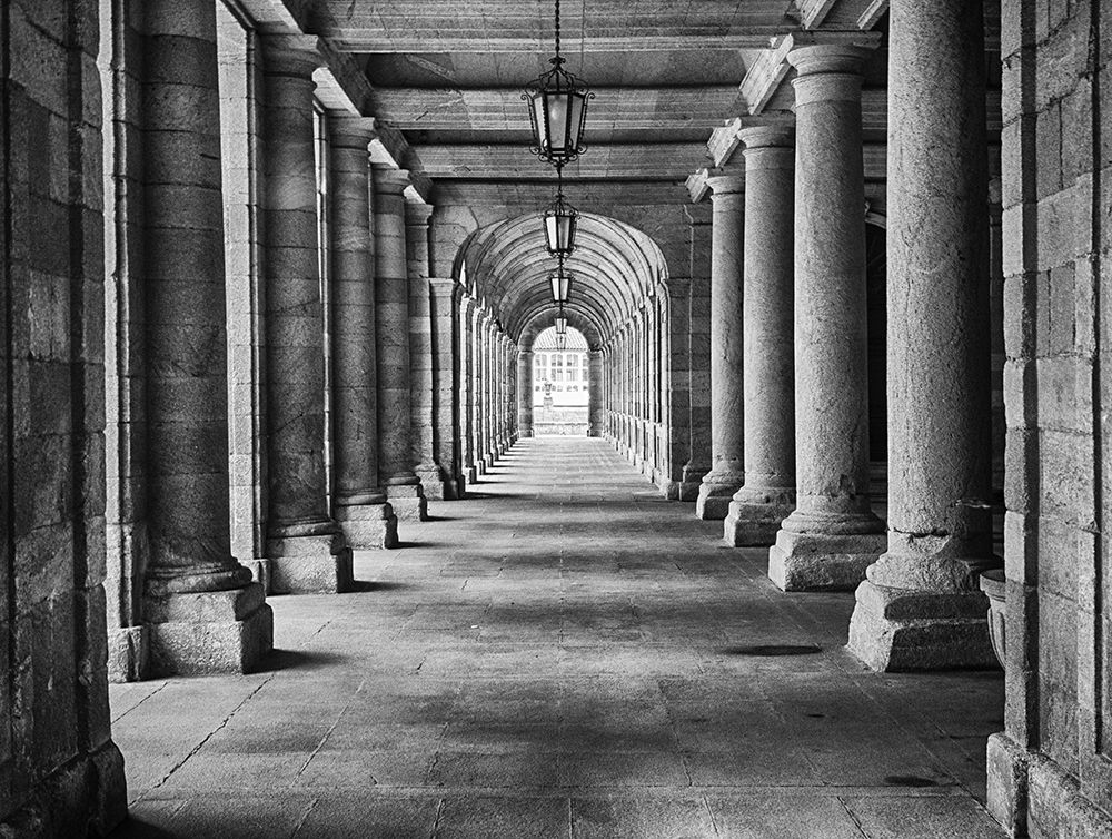 Arcade in the Palacio de Rajoy (Pazo de Raxoi) near Cathedral Santiago de Compostela art print by Julie Eggers for $57.95 CAD