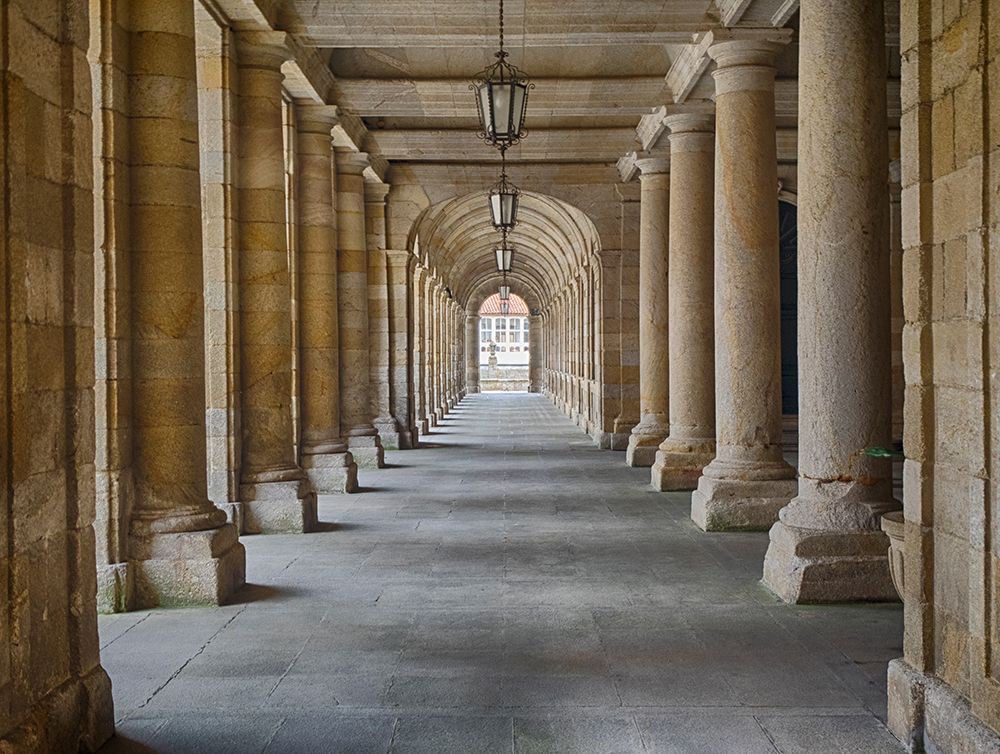 Arcade in the Palacio de Rajoy (Pazo de Raxoi) near Cathedral Santiago de Compostela art print by Julie Eggers for $57.95 CAD
